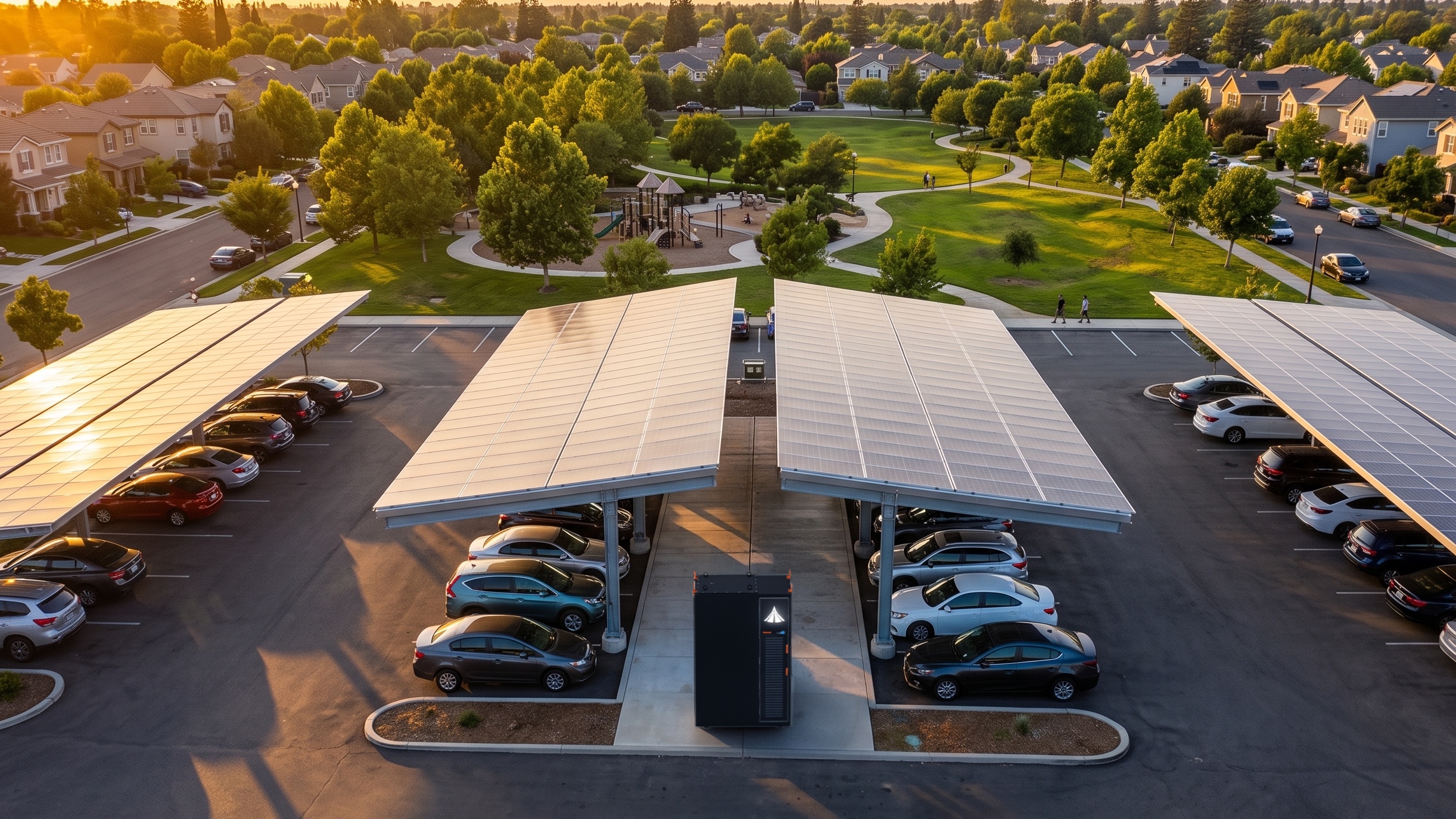 Whitney centered between solar carports beside a neighborhood park and homes